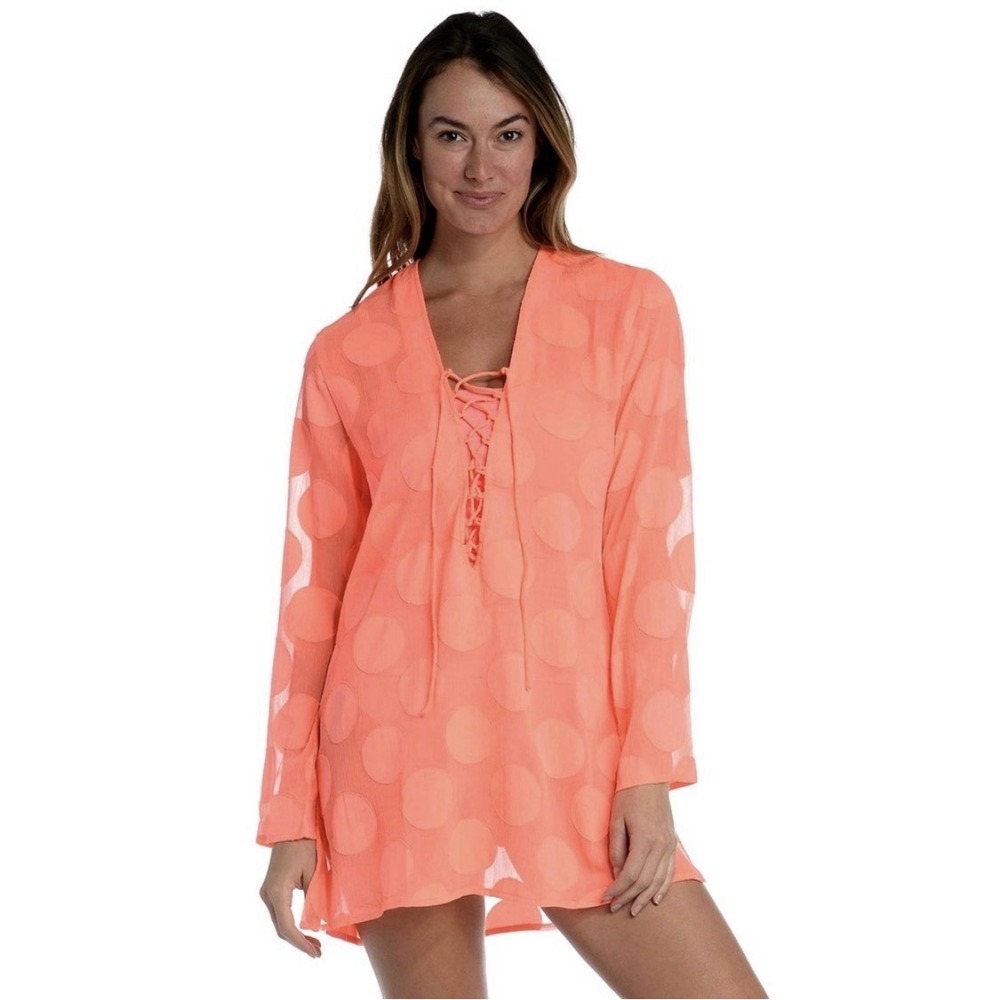 La Blanca Mod For Dot Tunic Cover-Up Swim Hot Coral Women's Small Beach Resort